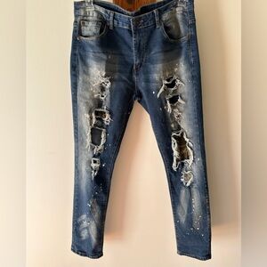 M.Society Mens Skinny Medium Wash Paint Splattered Distressed Camo Patched 36x32